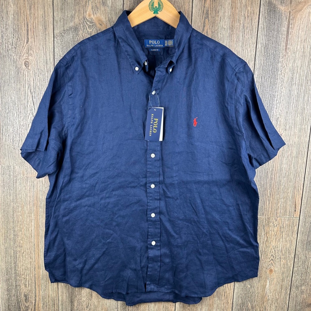 Polo Ralph Lauren Classic Fit Linen Short Sleeve Button Down Shirt NWT Navy XL - Picture 2 of 8